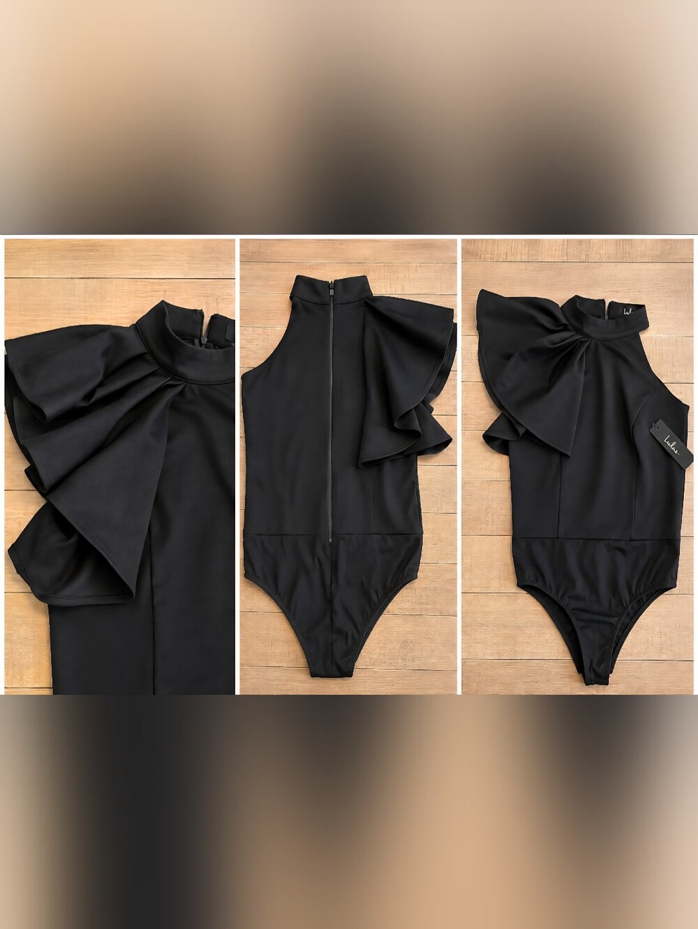 Lulus Cutie Black Ruffled Mock Neck Bodysuit
